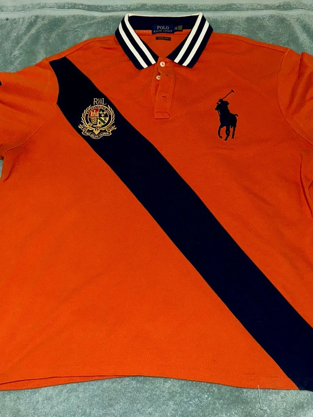 Ralph Lauren Orange Polo with Navy Diagonal Stripe and Crest